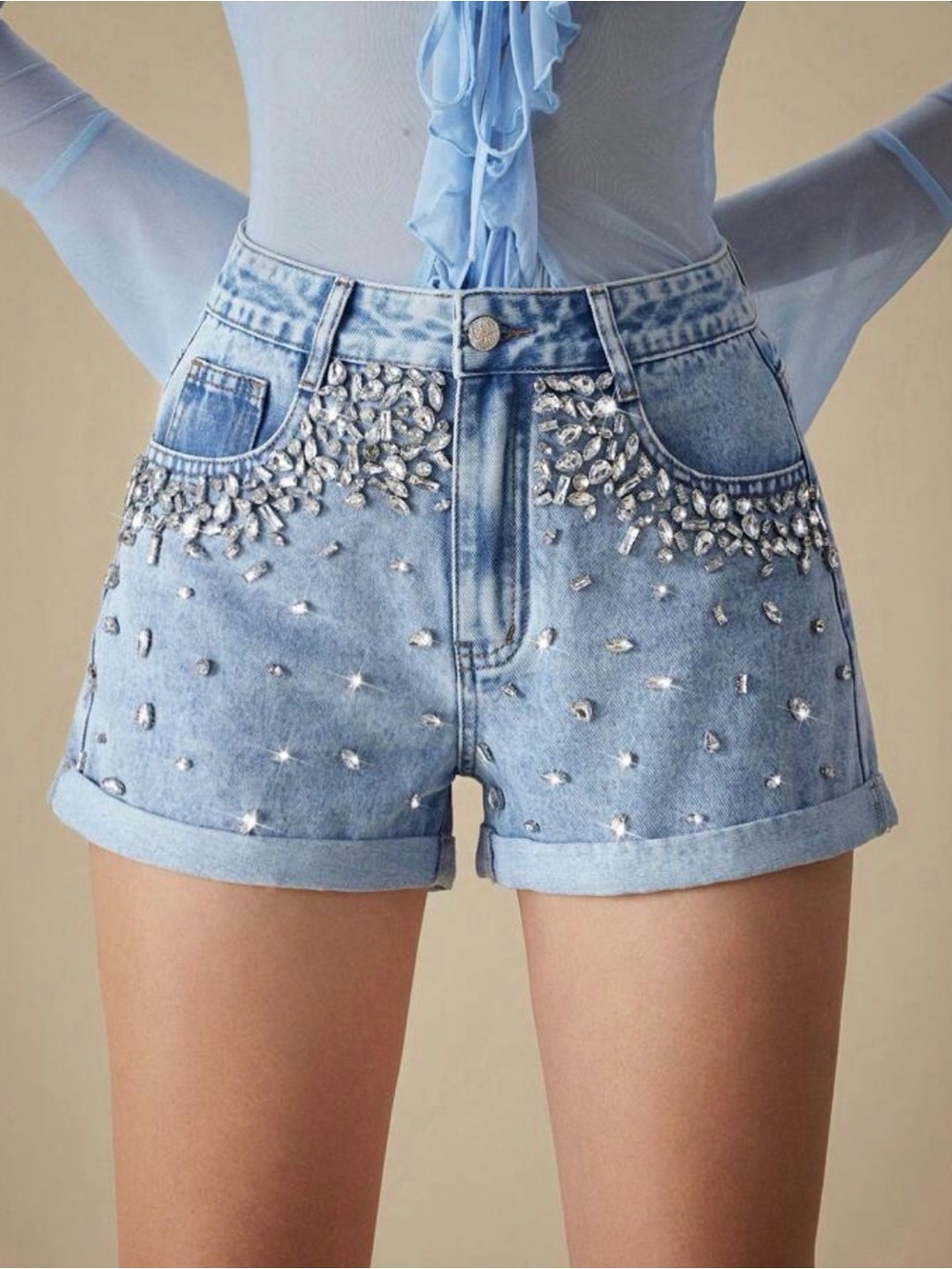 Embellished Light Blue Denim Shorts - Sparkle Rhinestone Detail
